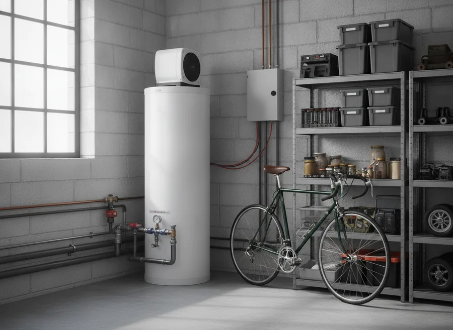 Chauffe-eau thermodynamique installé dans un garage à Chambly
