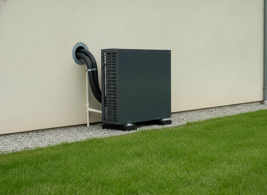 Pompe à chaleur air/eau installée contre la façade d'une maison à Chambly