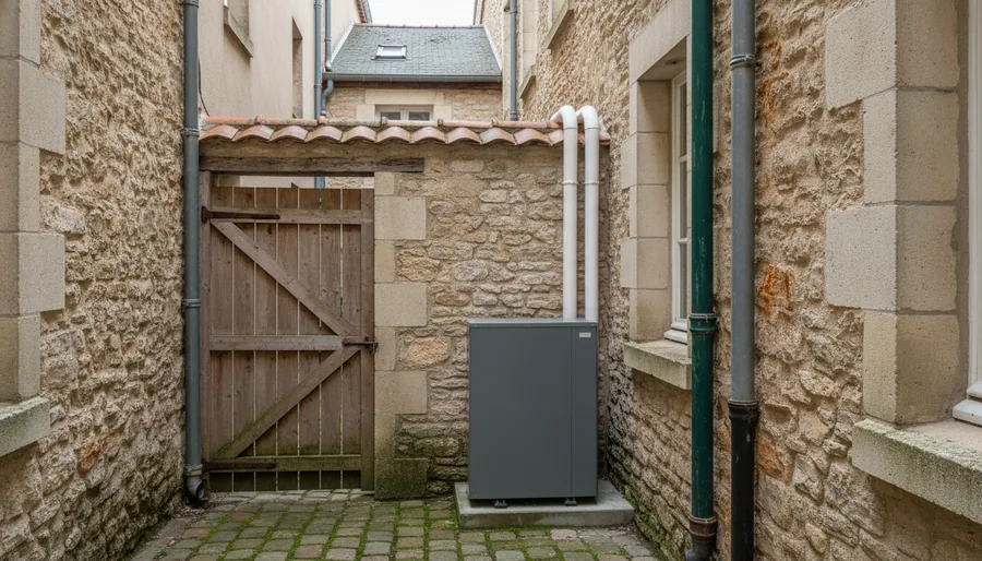 Pompe à chaleur installée dans la cour d'une maison de ville à Beaumont-sur-Oise